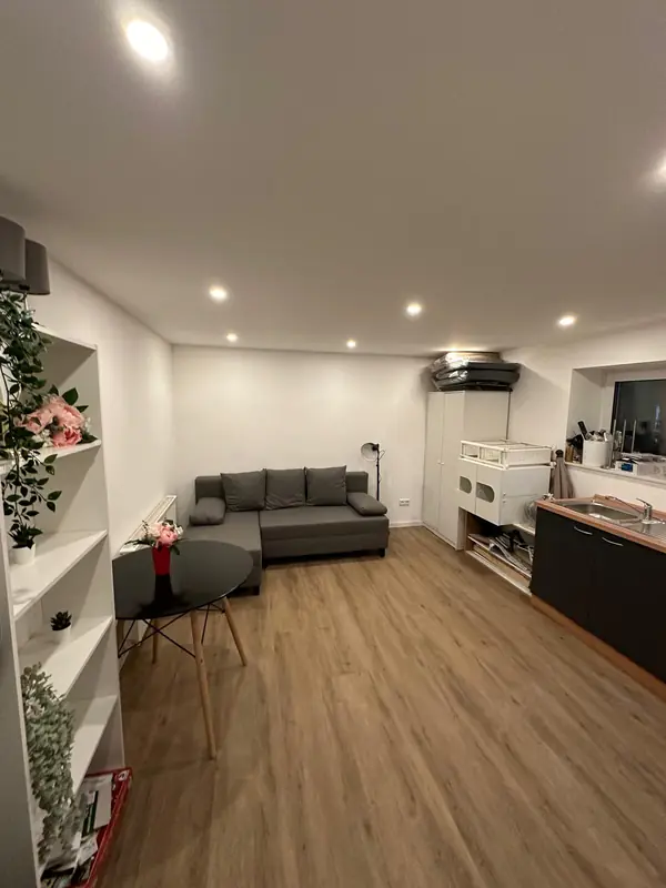 Nachher: wohnlich eingerichtetes Apartment mit Holzboden, Einbaustrahlern, Sofa, Regal und Küchenzeile